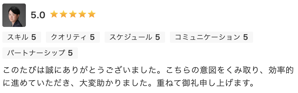 このたびは誠にありがとうございました。こちらの意図をくみ取り、効率的に進めていただき、大変助かりました。重ねて御礼申し上げます。
